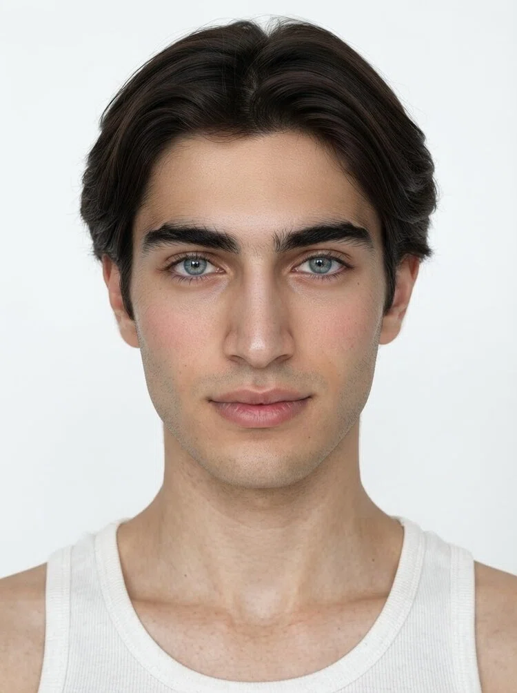 Young male fashion model with short dark brown hair, close-up.