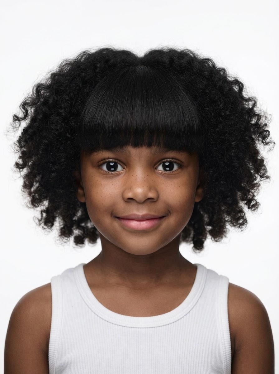 Young girl fashion model with voluminous curly black hair and bangs, close-up.