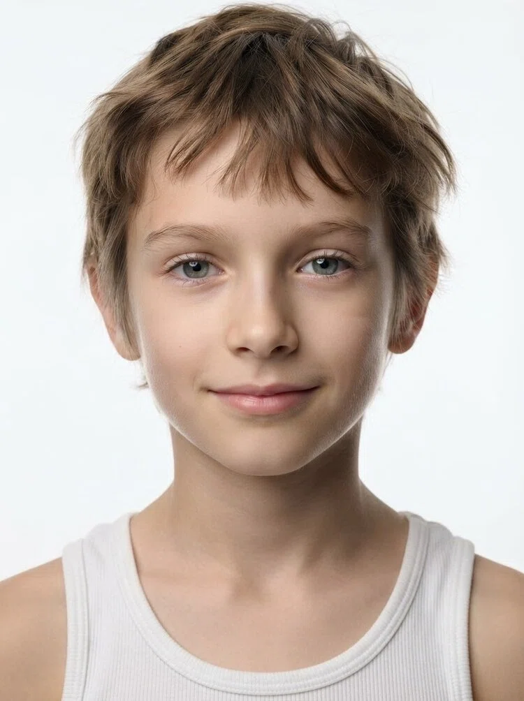 Young male fashion model with short messy light brown hair, close-up.