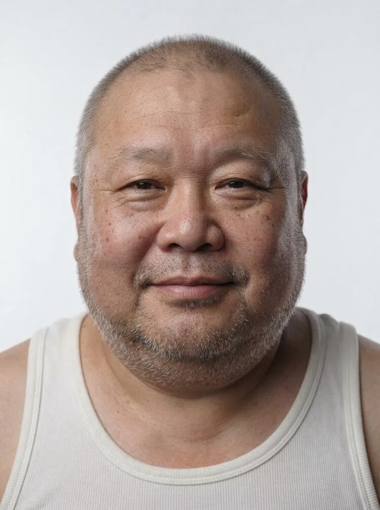 Old male fashion model with short grey buzz cut, close-up.