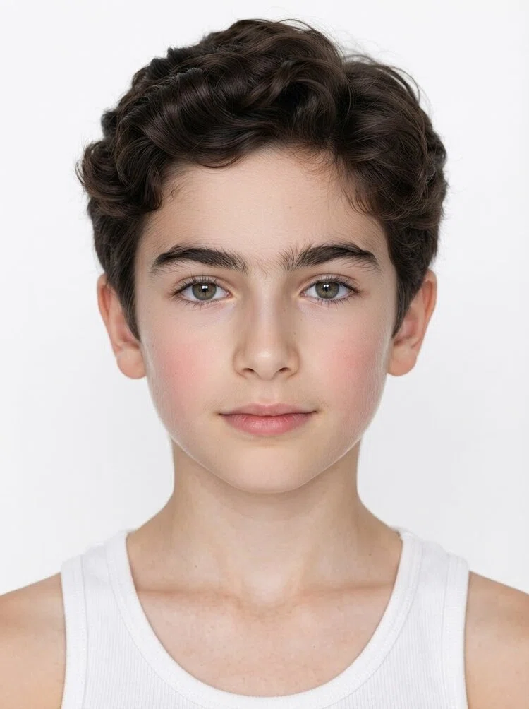 Young male fashion model with short wavy dark brown hair, close-up.