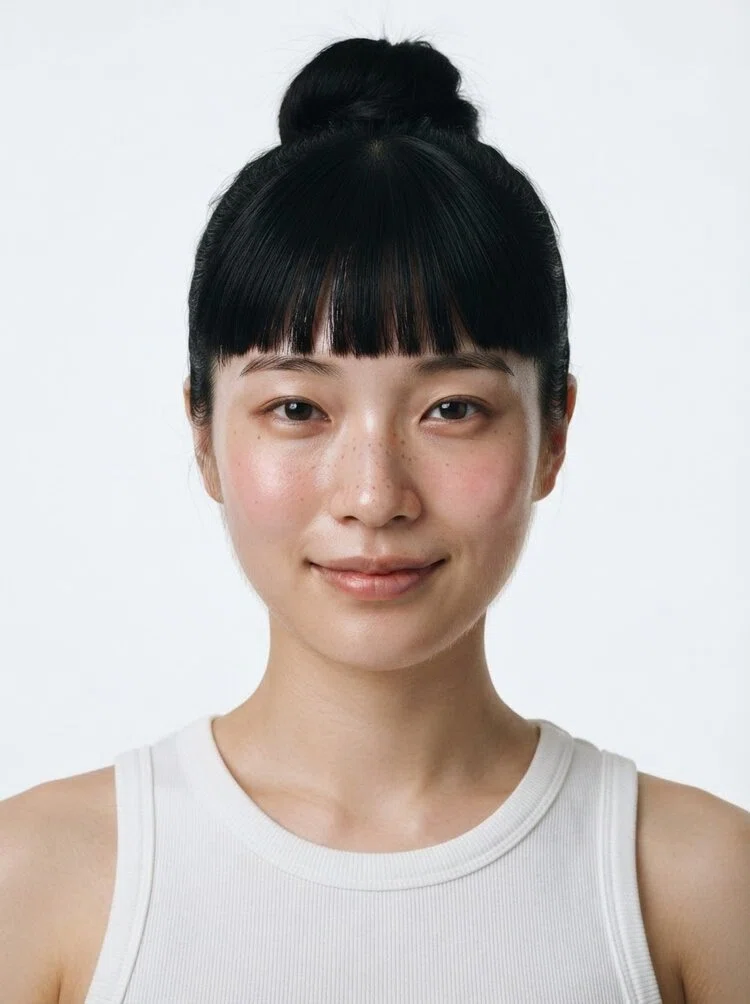 Young female fashion model with long black hair in a bun with bangs