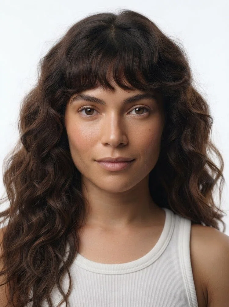 Young female fashion model with long dark brown wavy hair with bangs