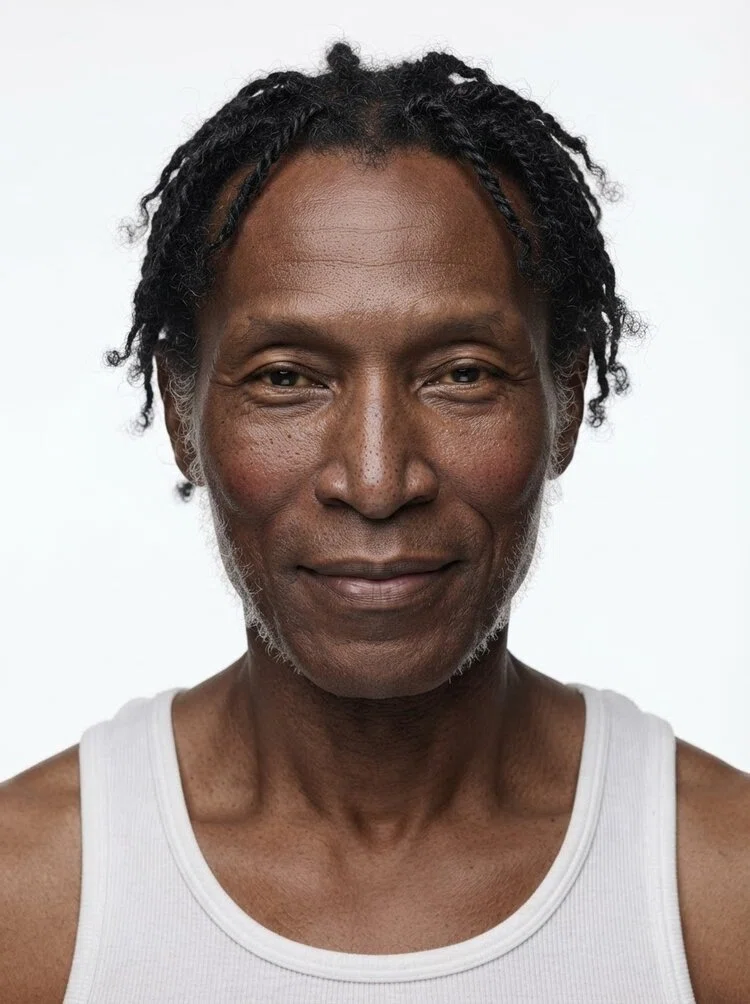 Elderly male fashion model with short grey twists