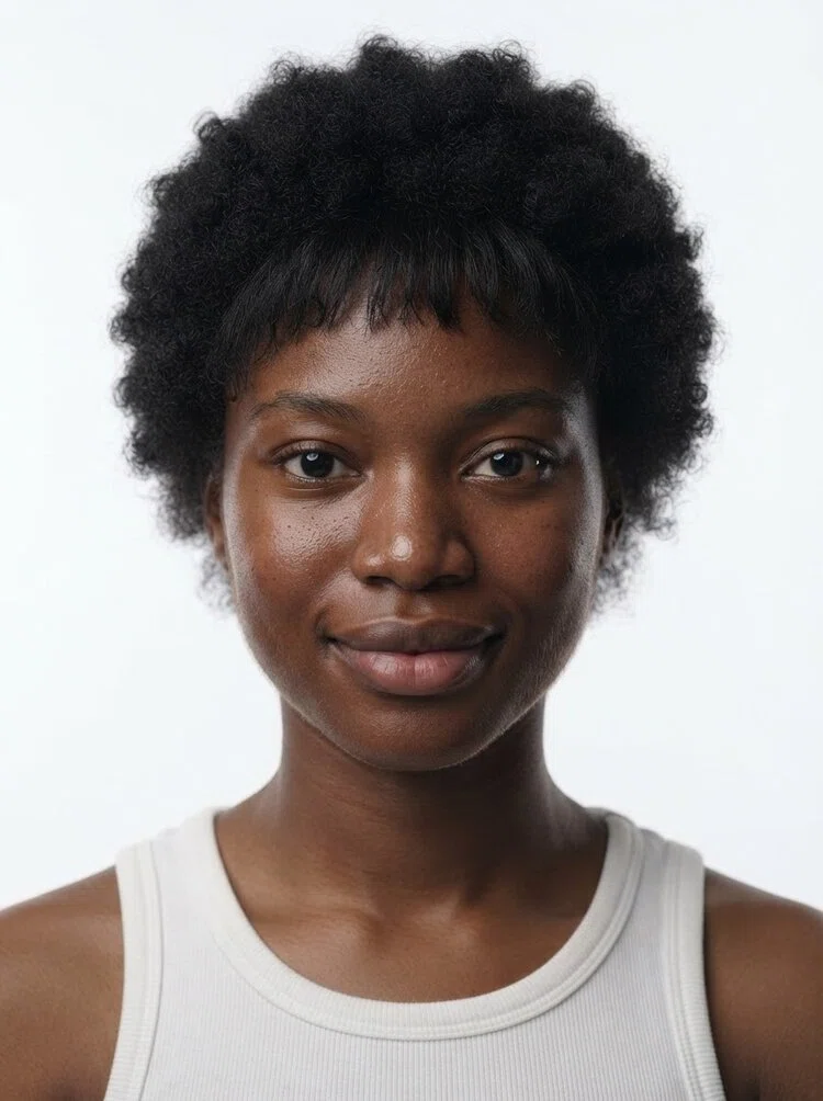 Young female fashion model with short black curly hair