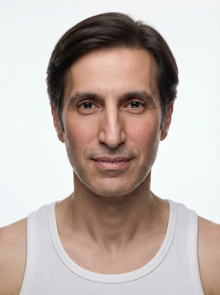 Middle-aged male fashion model with short dark brown hair, close-up.