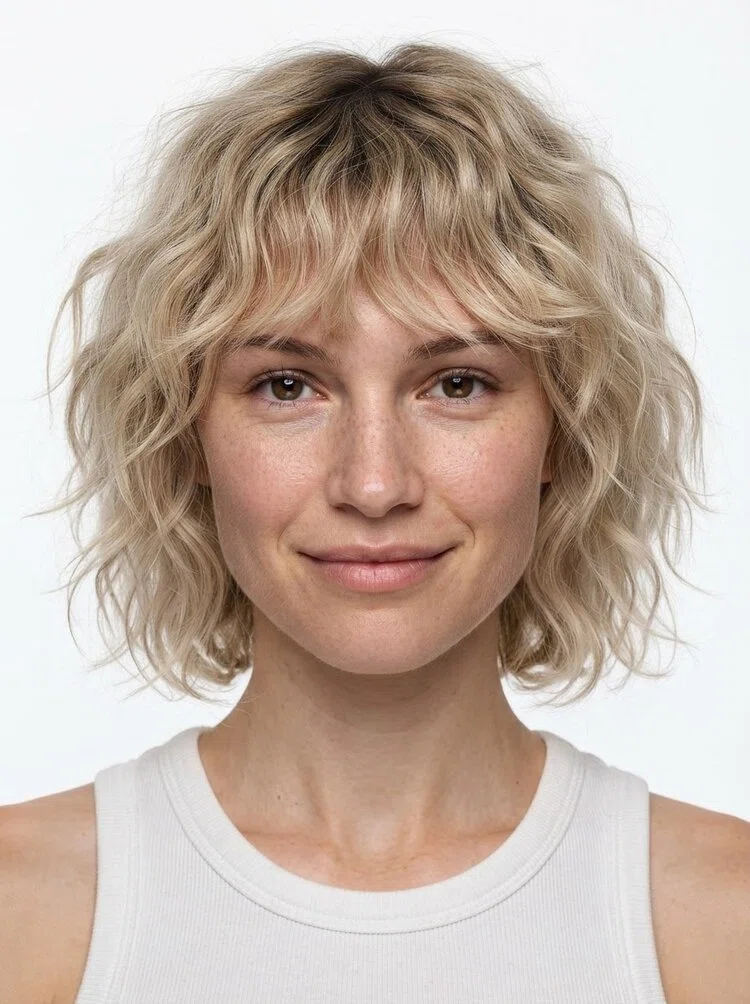 oung female fashion model with short wavy blonde bob, close-up.
