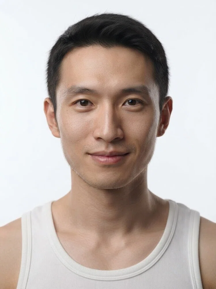 Young male fashion model with short black hair