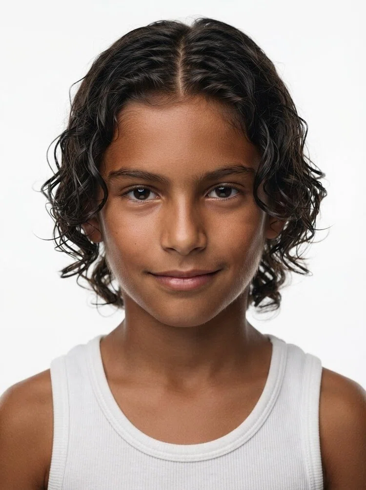Young male fashion model with shoulder-length dark brown wavy hair