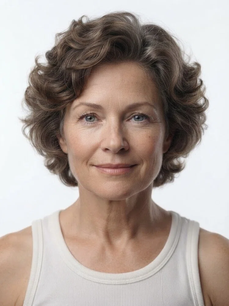 Middle-aged female fashion model with short wavy salt-and-pepper hair, close-up.