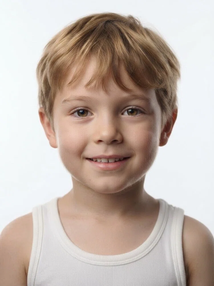 Young male fashion model with short light brown hair, close-up.
