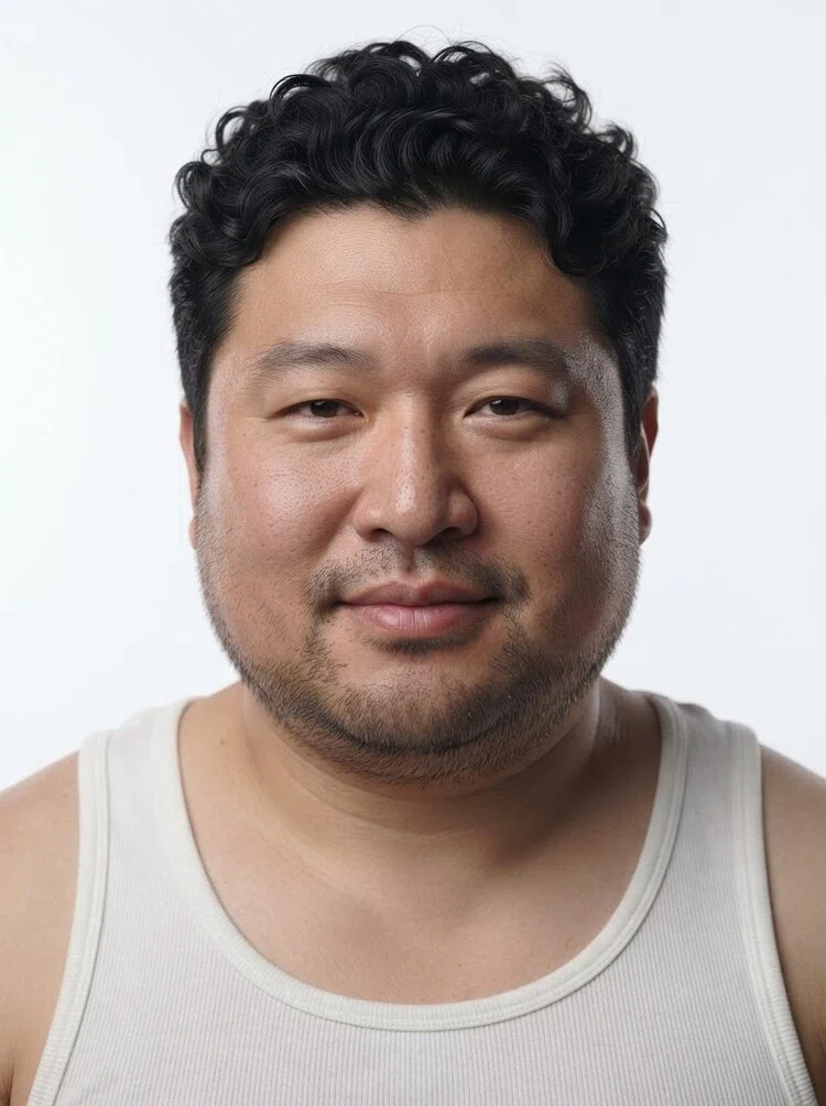 Middle-aged male fashion model with short curly black hair, close-up.