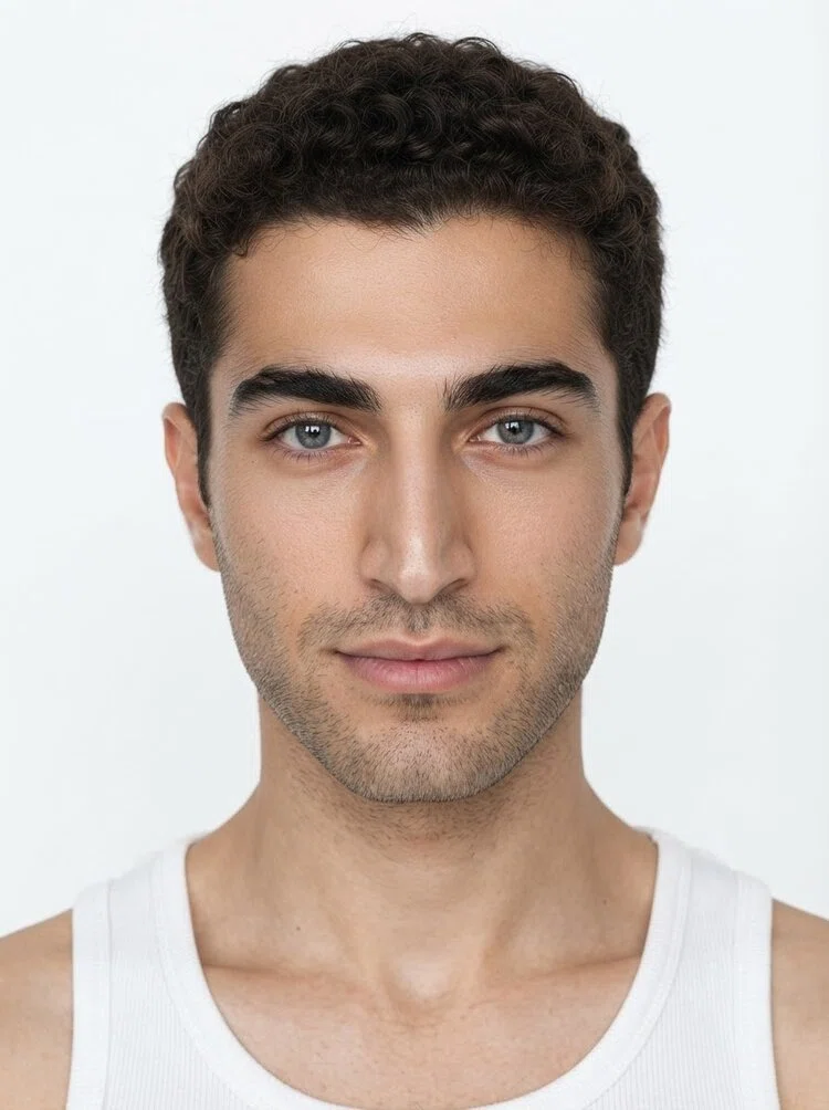 Young male fashion model with short curly dark brown hair, close-up.