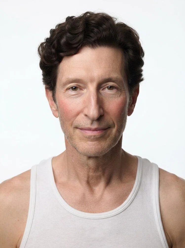 Middle-aged male fashion model with short wavy dark brown hair, close-up.
