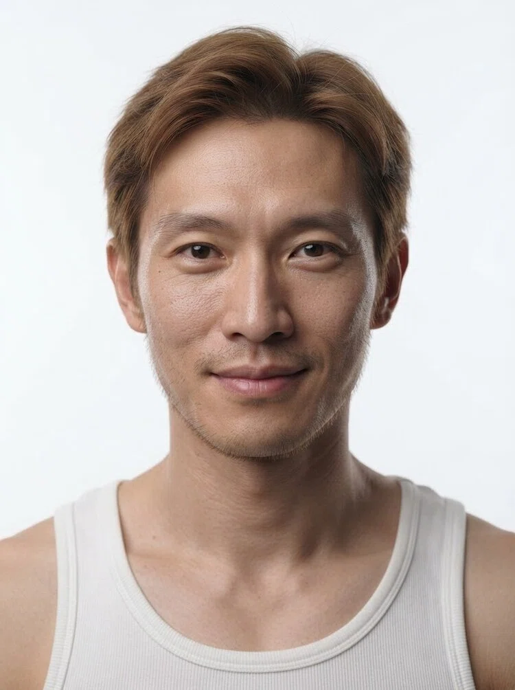 Middle-aged male fashion model with short light brown hair