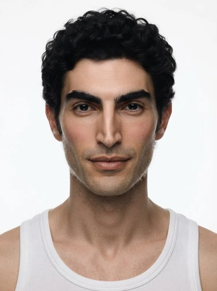 Young male fashion model with short black curly hair