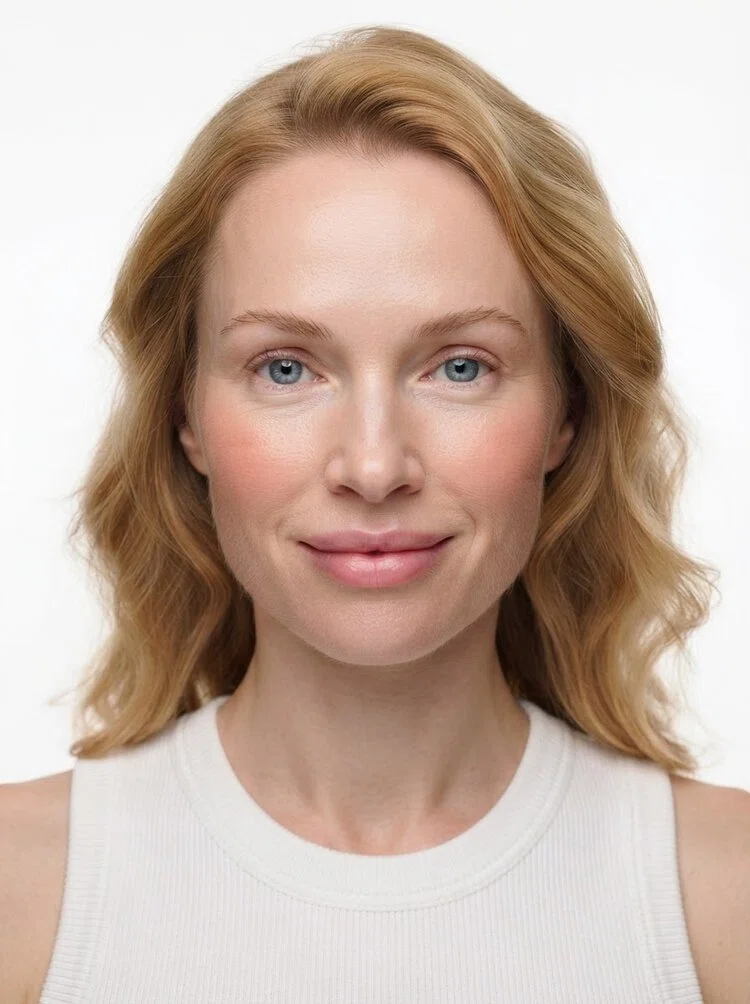 Middle-aged female fashion model with wavy strawberry blonde hair, close-up.