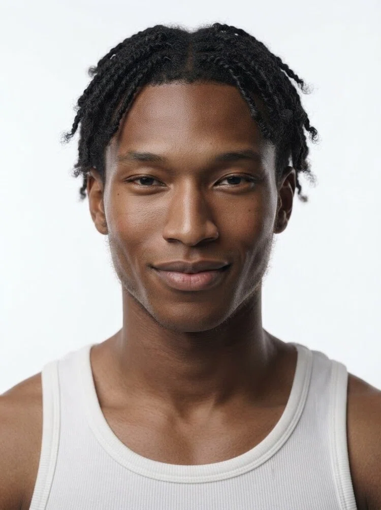 Young male fashion model with short black twists