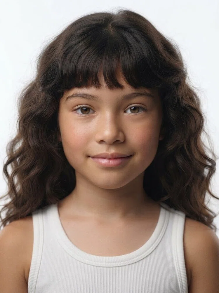 Young female fashion model with long dark brown wavy hair with bangs
