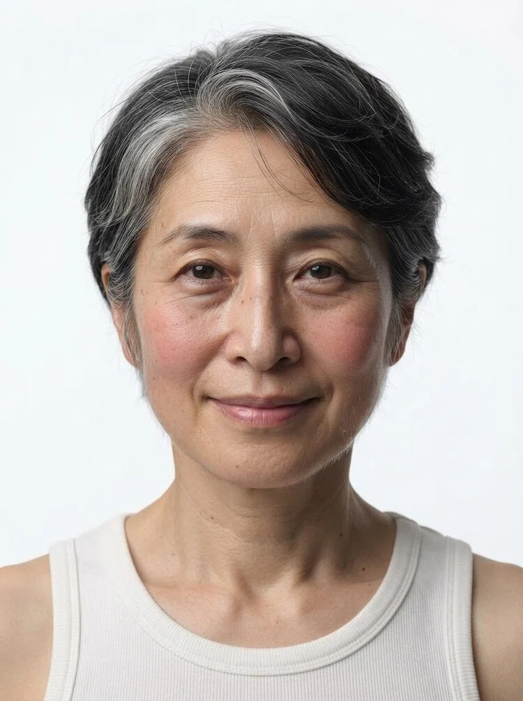 Middle-aged female fashion model with short salt-and-pepper hair