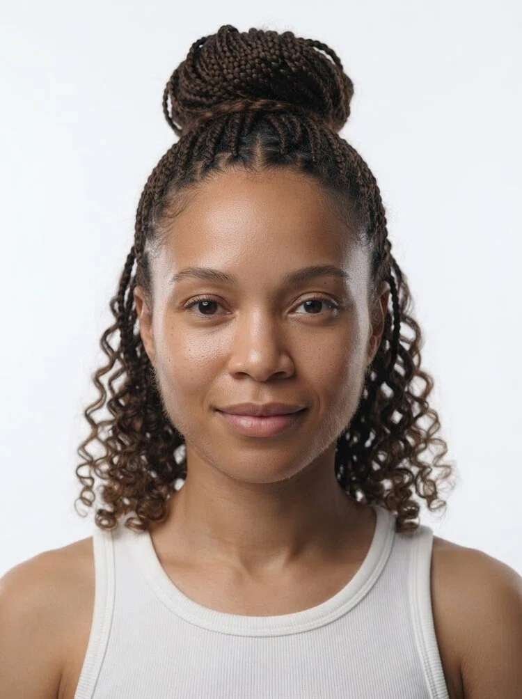 Young female fashion model with shoulder-length dark brown braided bun
