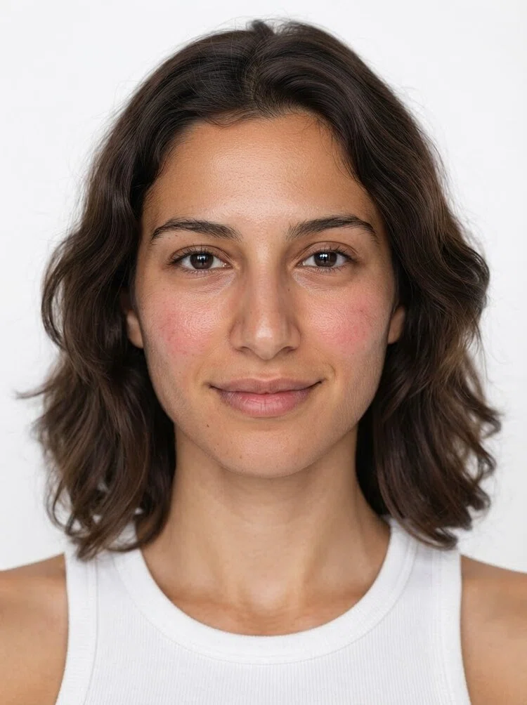 Young female fashion model with shoulder-length wavy dark brown hair, close-up.