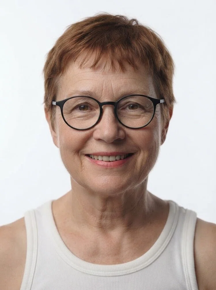 Old female fashion model with short auburn pixie cut, close-up.
