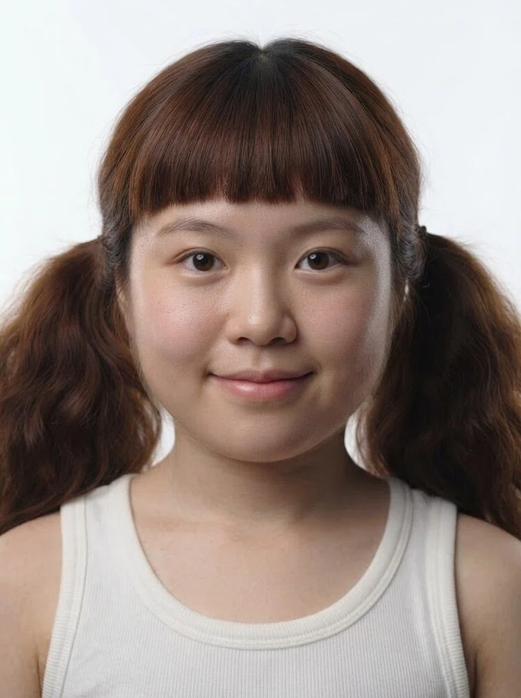 Young female fashion model with wavy brown pigtails and bangs, close-up.