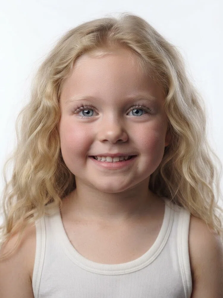 Young female fashion model with long wavy light blonde hair, close-up.