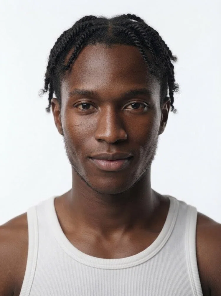 Young male fashion model with short black twists