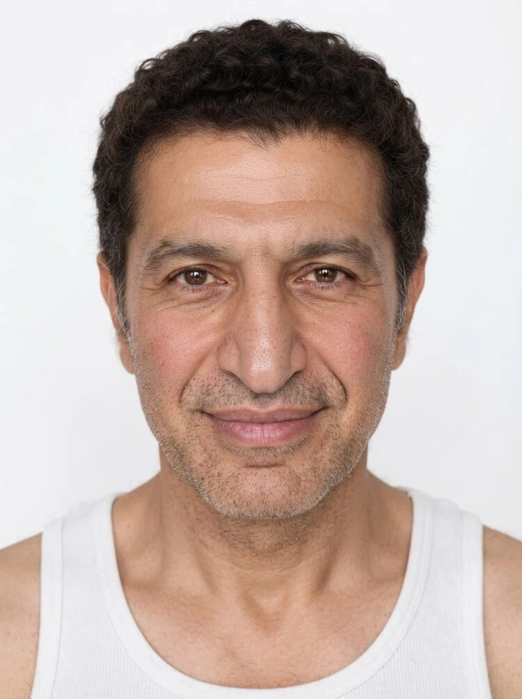 Middle-aged male fashion model with short curly dark brown hair, close-up.