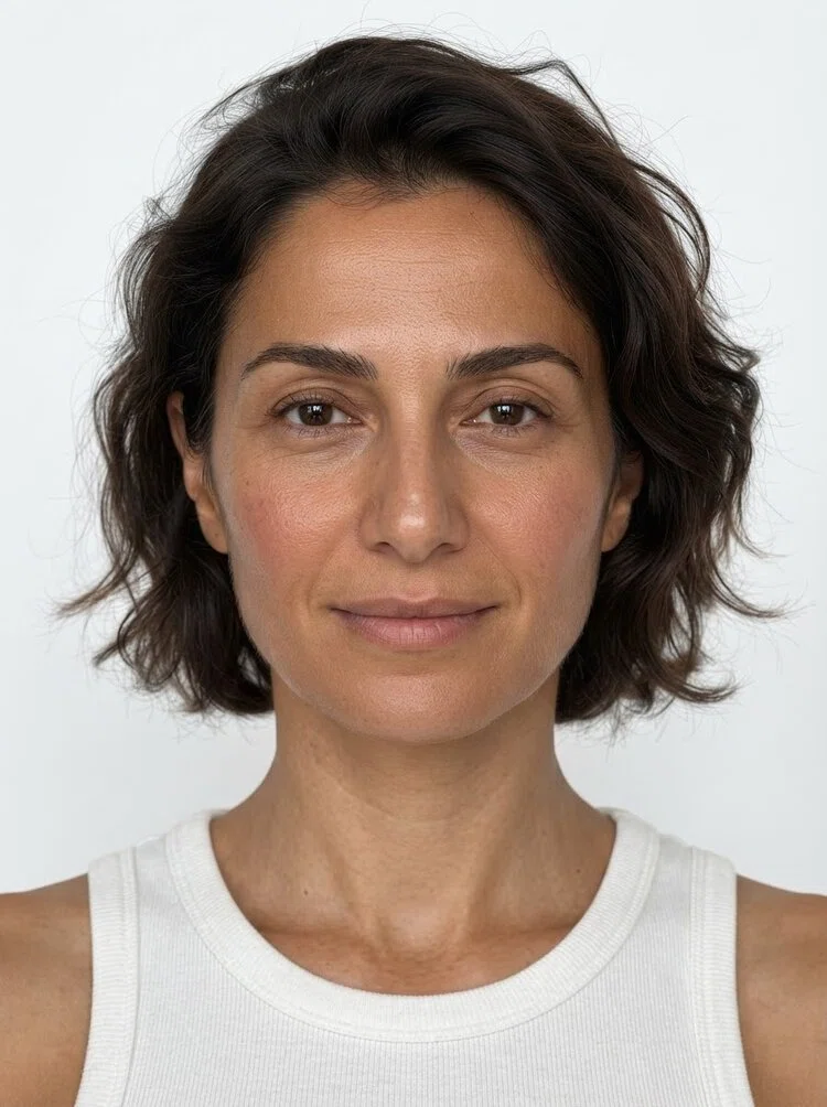 Middle-aged female fashion model with chin-length wavy dark brown hair, close-up.