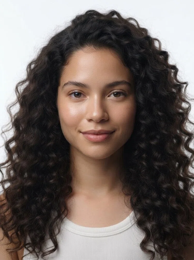 Young female fashion model with long dark brown curly hair
