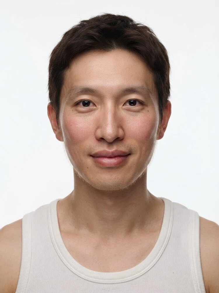 Young male fashion model with short dark brown hair