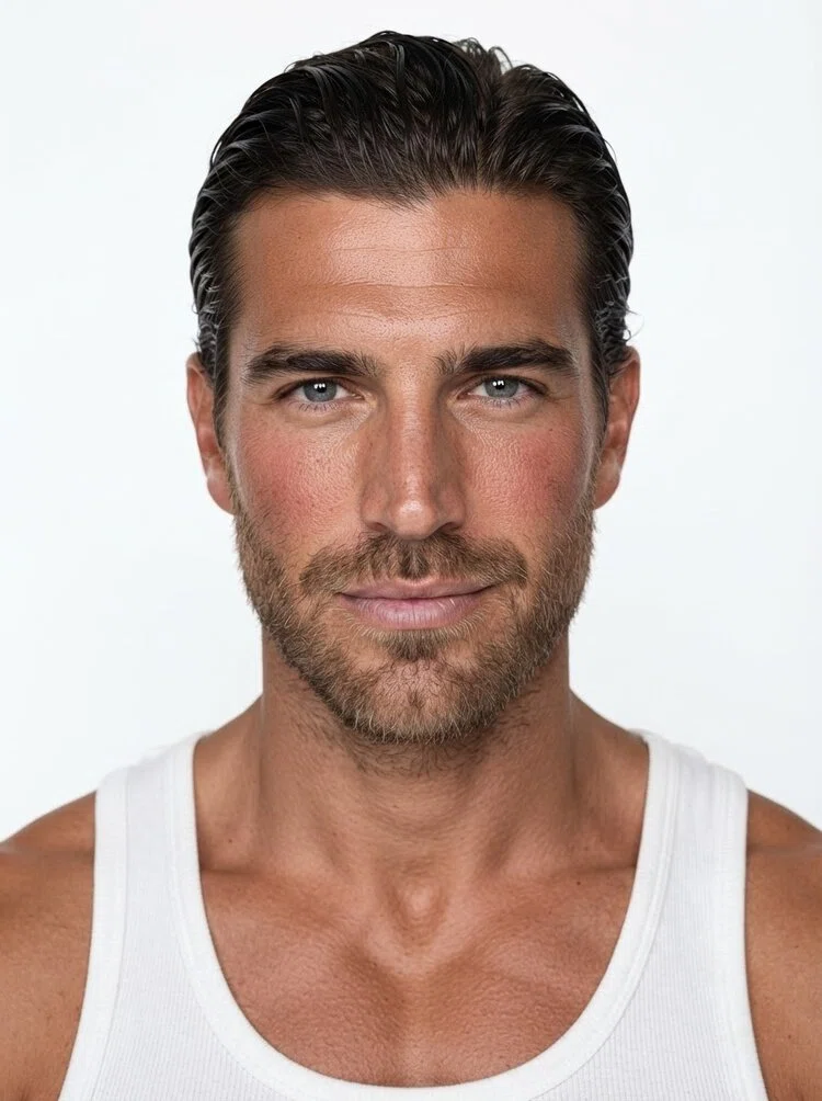 Young male fashion model with short dark brown slicked-back hair