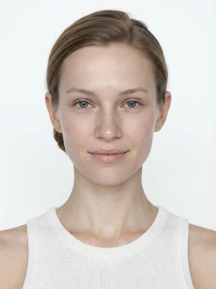 Young female fashion model with light brown hair tied back, close-up.