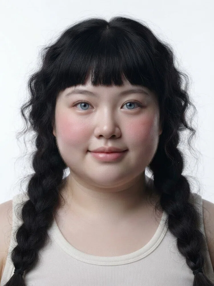 Young female fashion model with black braided pigtails and bangs, close-up.