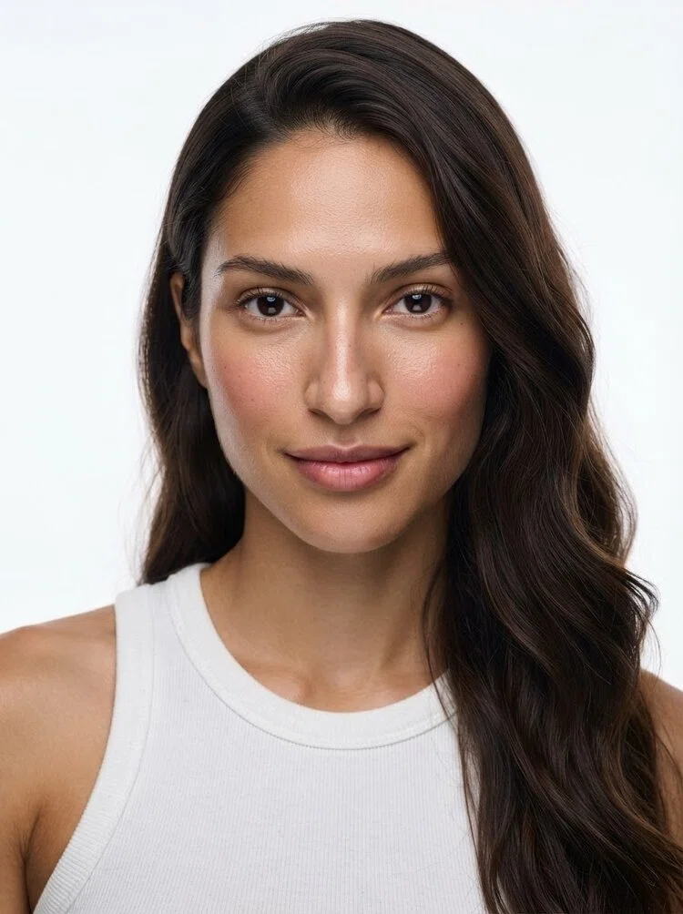 Young female fashion model with long wavy dark brown hair