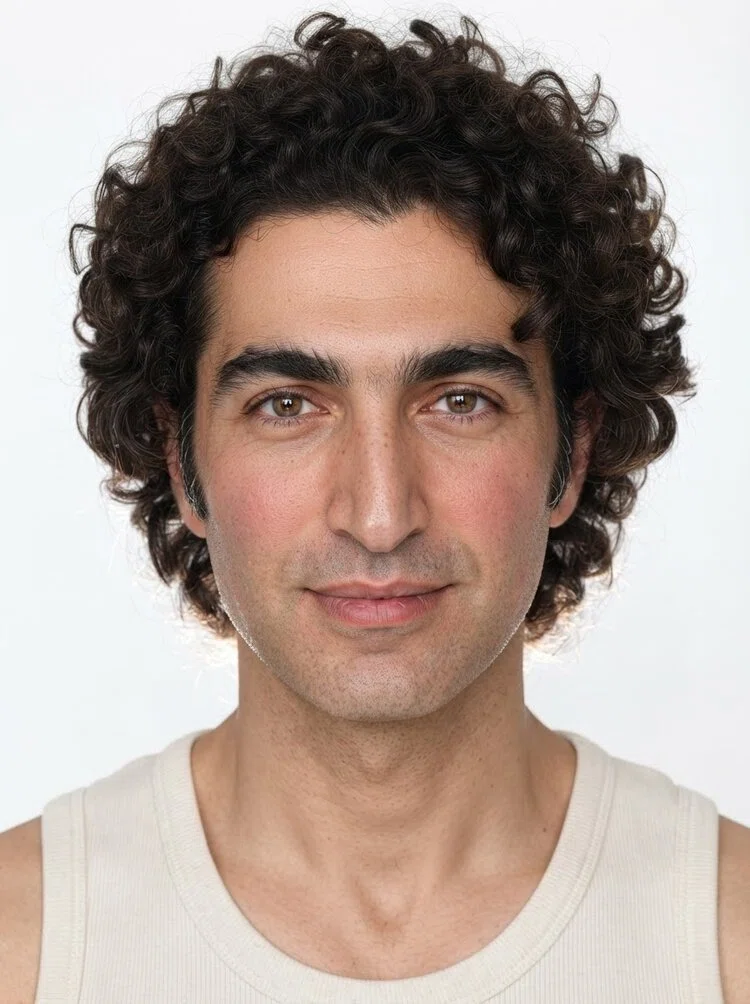 Young male fashion model with medium curly dark brown hair, close-up.
