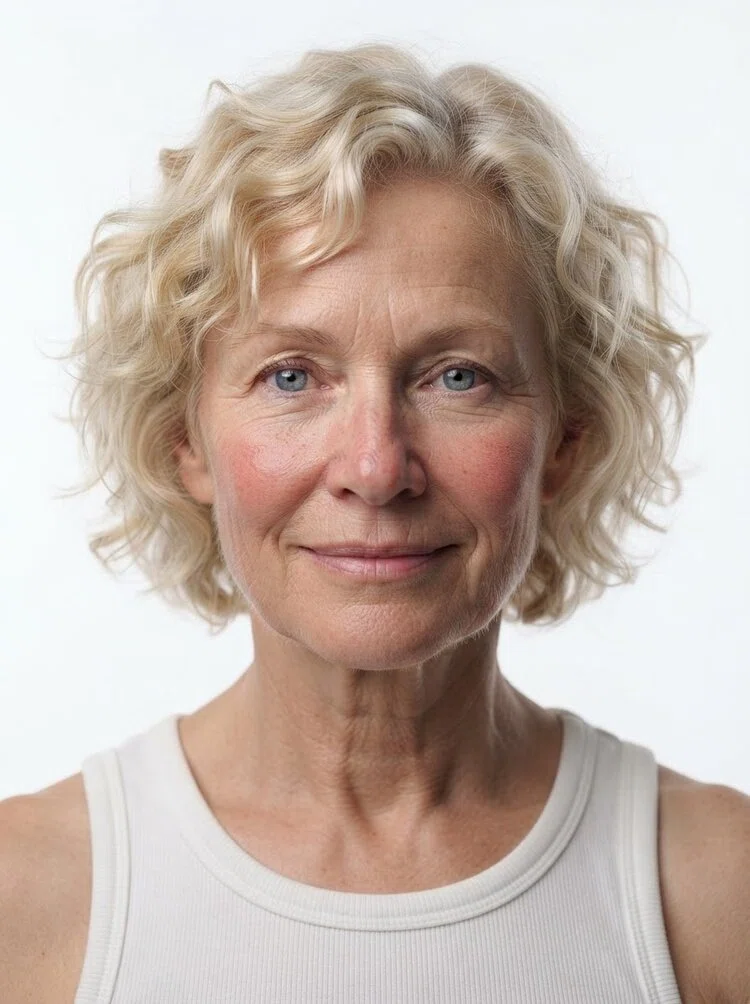 Old female fashion model with short wavy blonde hair, close-up.