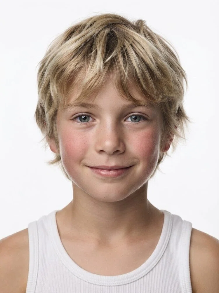 Young male fashion model with short messy blonde hair, close-up.