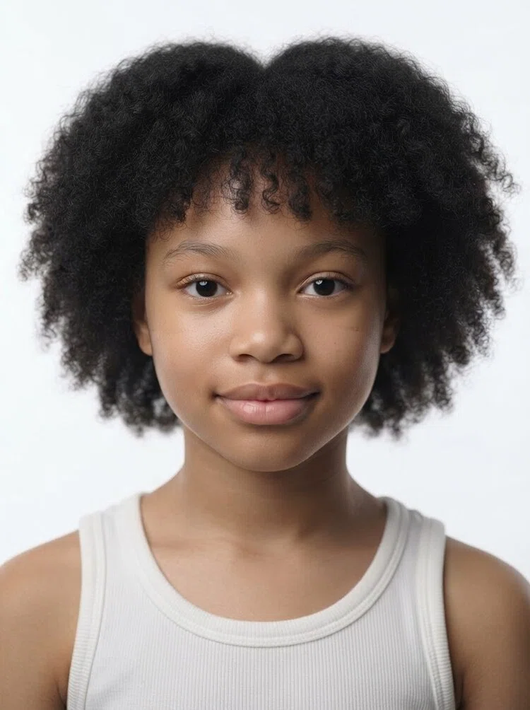 Young female fashion model with shoulder-length black curly hair