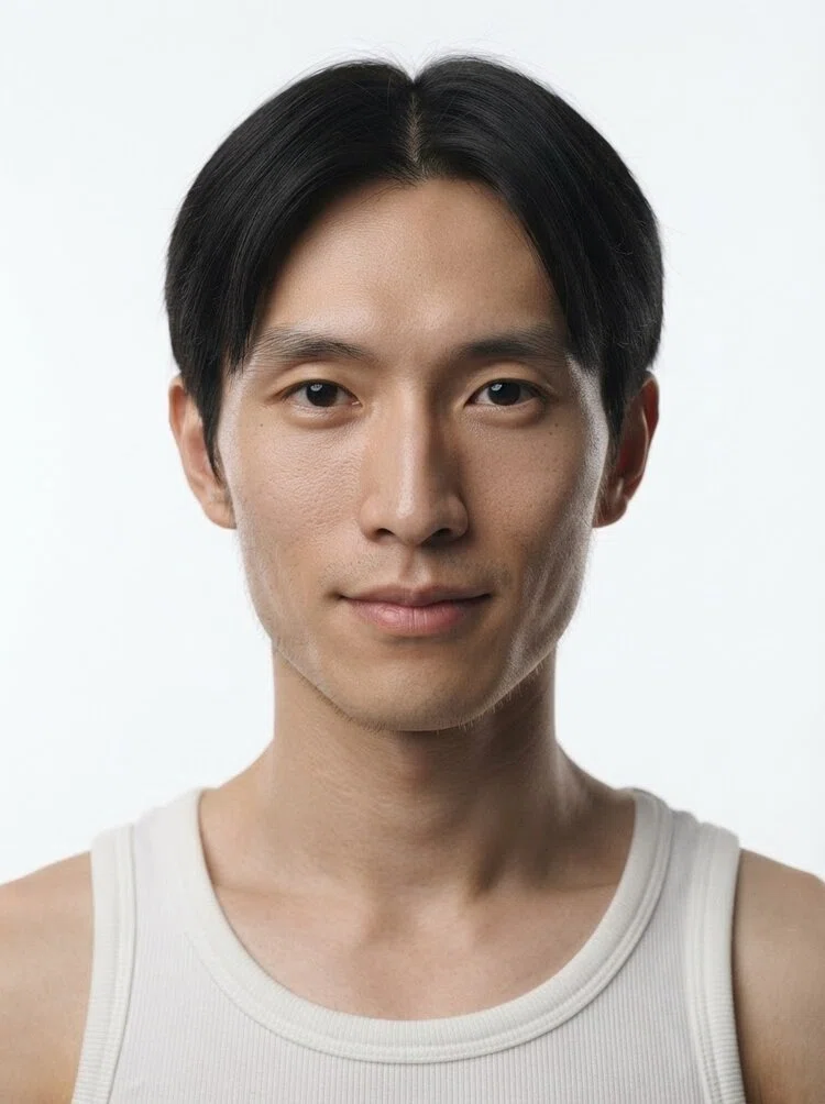 Young male fashion model with short black hair