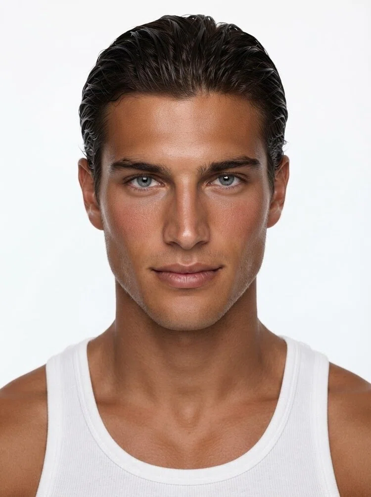 Young male fashion model with short dark brown slicked-back hair