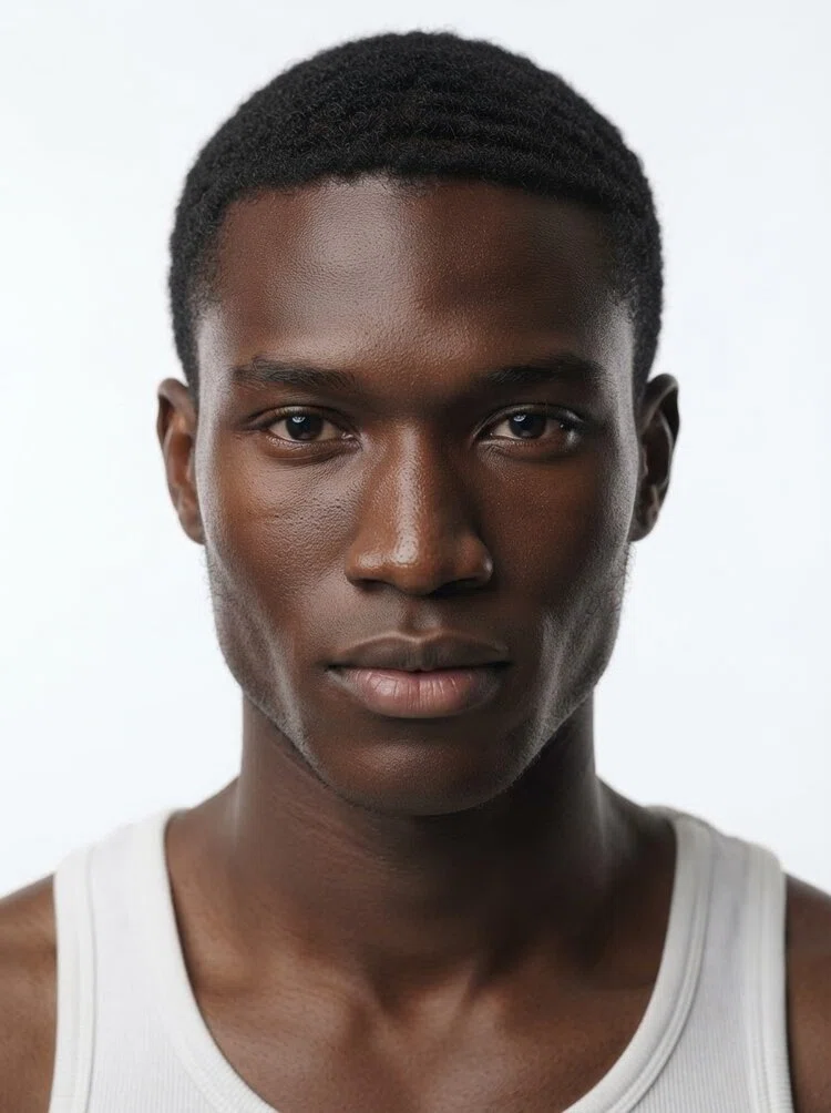 Young male fashion model with short black buzz cut