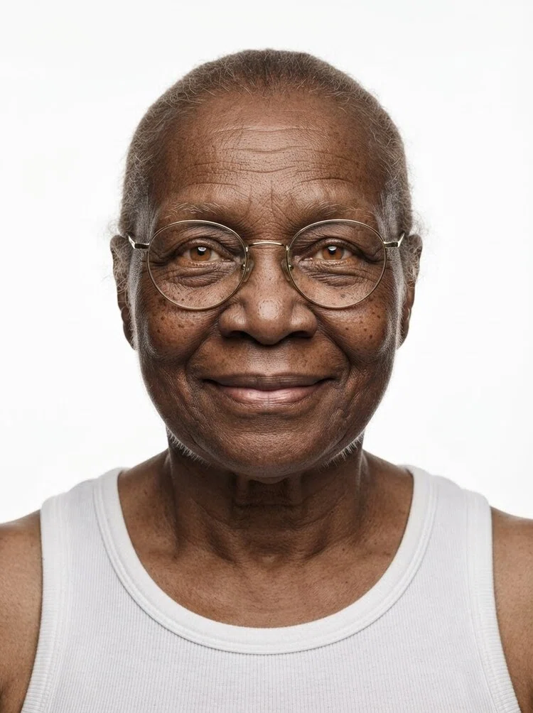 Old male fashion model with short thinning grey hair, close-up.
