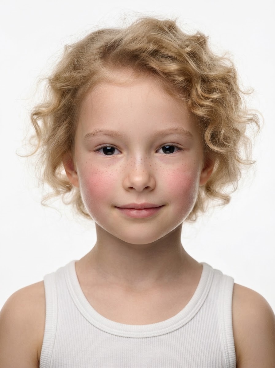 Young girl fashion model with short curly blonde hair, close-up.