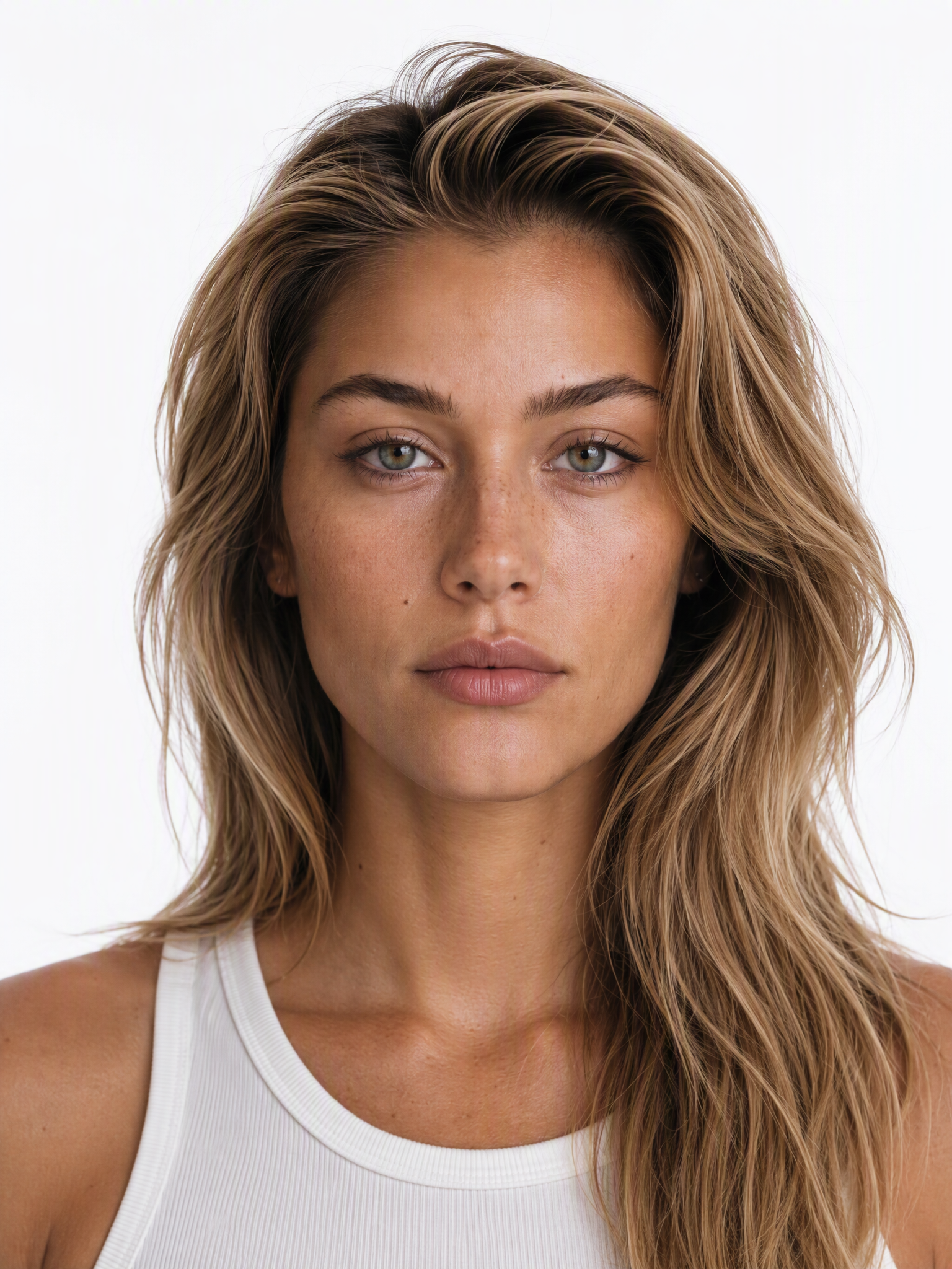 Young female fashion model with voluminous, long blonde hair and green eyes.
