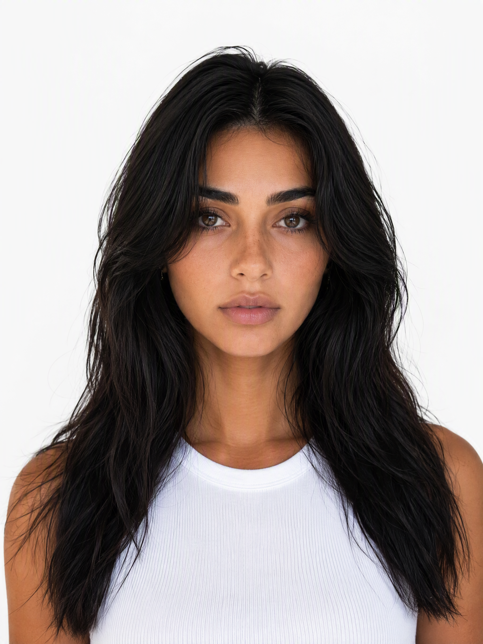 Young female fashion model with long, wavy, dark brown to black hair and a middle part.