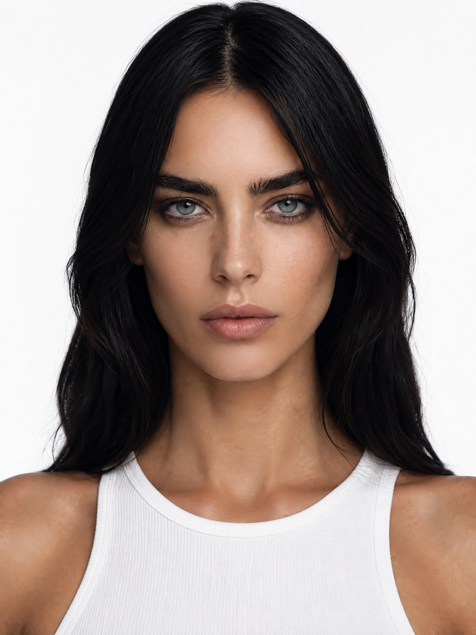 A young female fashion model with dark hair, blue eyes, medium shot, plain white background, studio lighting, photo-realistic.